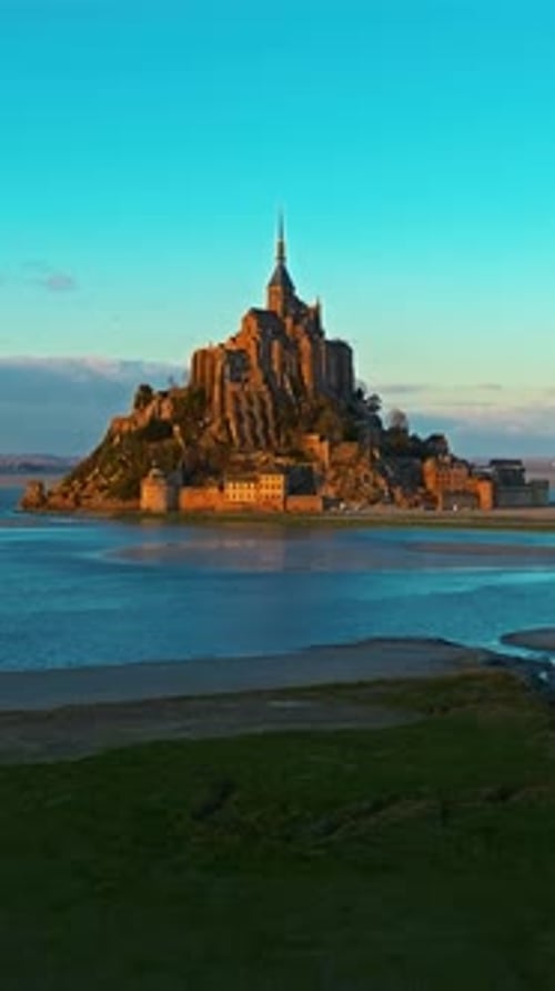 Aerial View of the Famous Historic Abbey Mont Saint Michel at Night Historic Monastery with Tidal