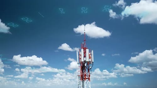 Communication Tower Under Blue Cloudy Sky with 5G Effects
