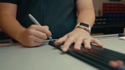 Male hands hold down golf club shafts and mark with pen for custom cutting and fitting on counter to