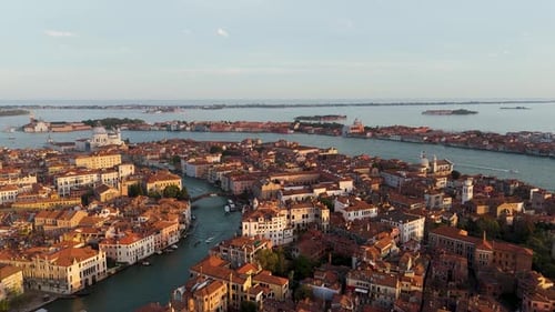 Aerial view of historic architecture and canals, Italy.