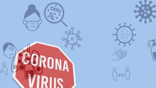 Animation of coronavirus text on stop road sign over covid 19 icons on blue background