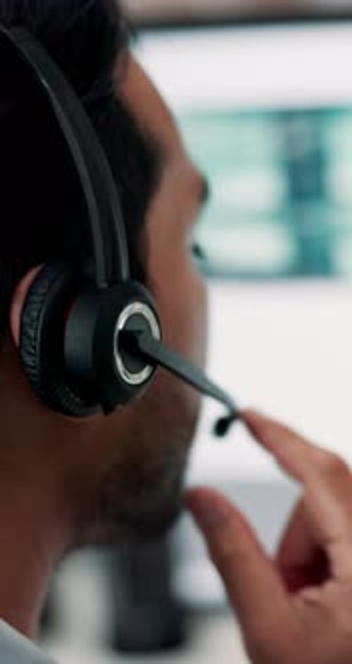 Computer, office and business man with mic for stock market, investment advisor and feedback