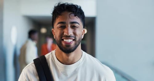 Face, student and man with smile, college and happy to learn with scholarship