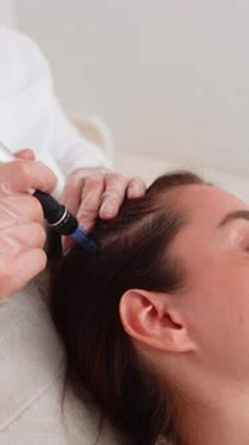 Trichologist Doing Woman Hair Regeneration Procedure Dermapen Microneedling Vitamin Injections