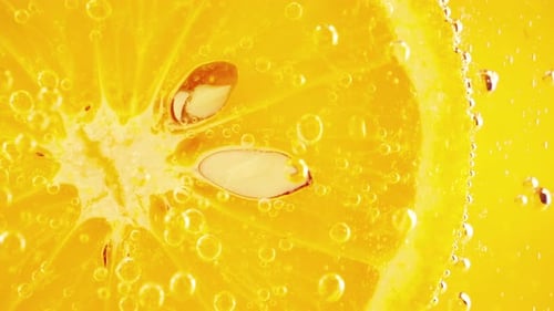 Lemon Slice in Soda Water with Rising Bubbles