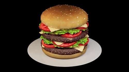 3D rendering. A large burger on a plate rotates 360 degrees on a black background.