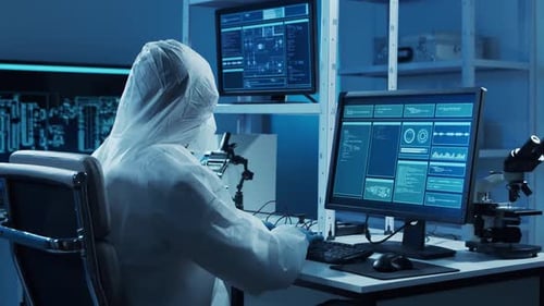 Microelectronics Engineer Works in a Modern Scientific Laboratory on Computing Systems and