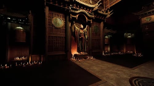 Espace de culte ornemental avec bougies lumineuses et décorations sculptées