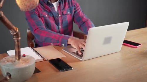 Workplace of Freelancer at Home Closeup View of Hands of Black Man During Working with Laptop