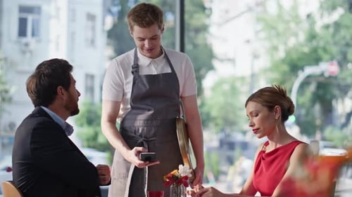 Romantic Pair Sitting Restaurant Enjoying Time Together Couple Paying Cafe Bill