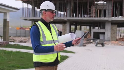 Engineer Checking Construction Plans on Tablet Device