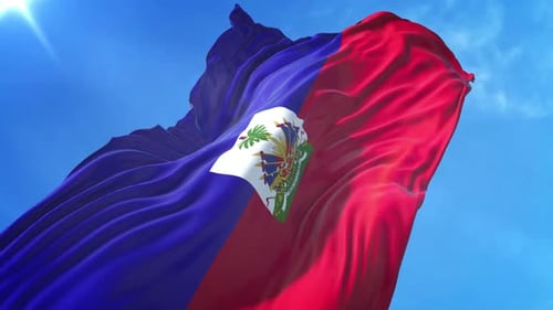 Haitian Flag Waving in Blue Sky with Realistic Fabric Motion