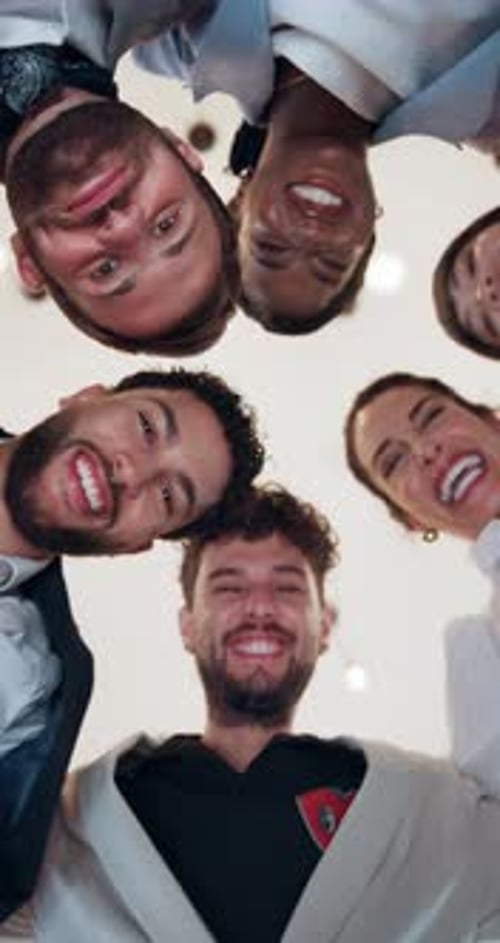 Below, face and business people with teamwork, circle and diversity with support
