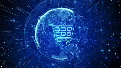 Global E-commerce Shopping Cart on Digital Network Animation