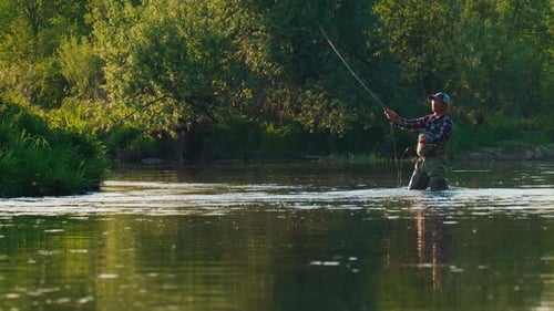 Fly fishing. Man fly fishing on the wild river with lots of insects flying in the air