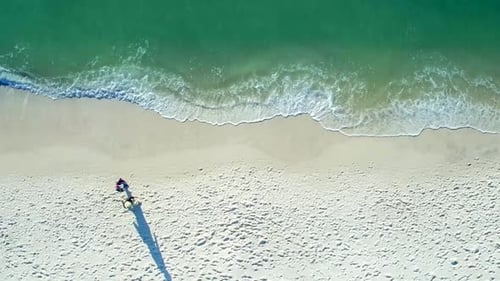 Couple Walking on the Beach From Above Aerial