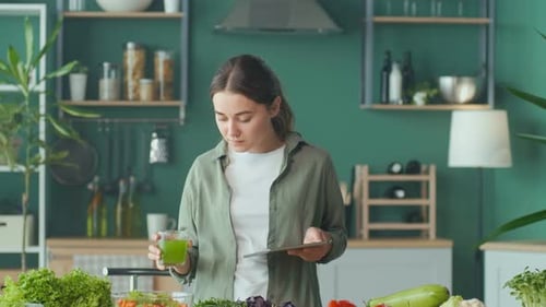 Young Woman Drinks Smoothies Makes a Meal Plan on the Tablet in the Kitchen
