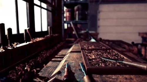 Vintage Wild West Carpenter Shop Interior with Antique Tools