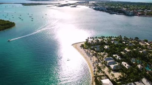 Tropical Beach Town Boat Aerial Footage
