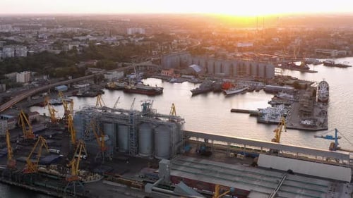 Aerial Drone View of Urban Scape and Sea Port Infrastructure