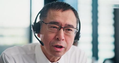 Call center, customer service and man talking on microphone for lead generation