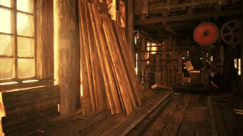 Sunlight Streams Through Windows in a Rustic Workshop of Wood