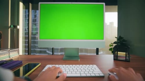 Unknown Woman Typing Mockup Computer In Office Closeup. Director Arms Working Green Screen Pc Dev...