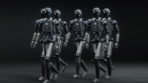 Visualisation futuriste d'un groupe de robots humanoïdes avancés défilant dans le noir numérique