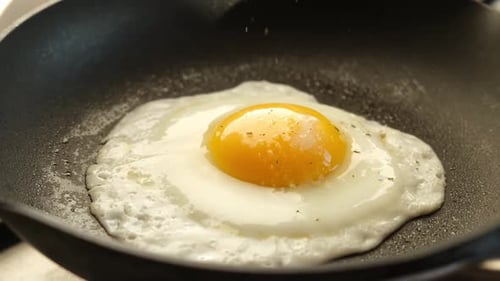 Fried with Eggs with Falling Paper on a Pan Tasty Breakfast