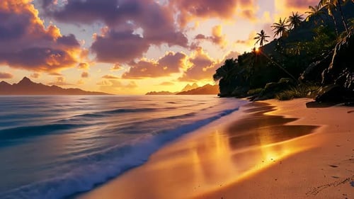 Tropical sunset beach scene. Golden hour, calm waves, and palm trees frame a picturesque shoreline