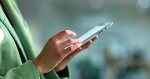 Tablet closeup and woman hands planning, market research and social media monitor for ideas