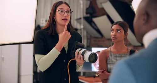 Photographer, camera and direction in studio for photography, model and magazine cover as creative