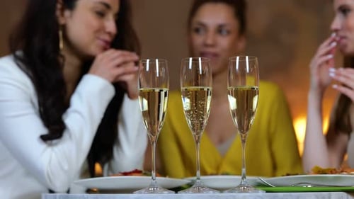 Happy Young Ladies Having Dinner in a Restaurant and Clinking Glasses with Champagne Meeting of
