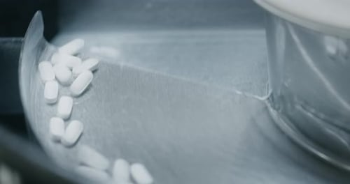 Close up of production of medical pills on automatic lines in a pharmaceutical factory. Concept of