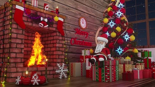 Festive Christmas Scene with Fireplace, Santa, and Gifts