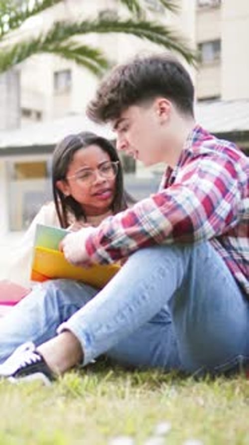 Vertical Portrait of a Teamwork of Four Teenage Students Doing the Homeworks of the High School and