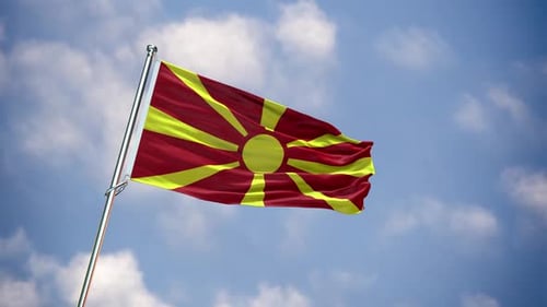 North Macedonia Flag Waving in Blue Sky
