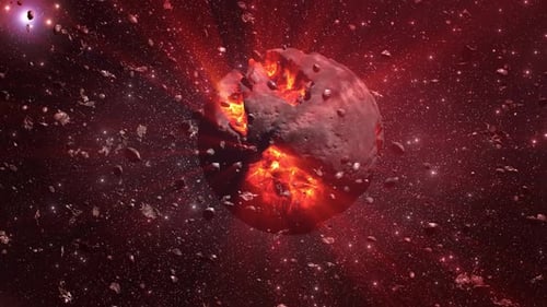 Dying Alien planet glowing in deep space with asteroids