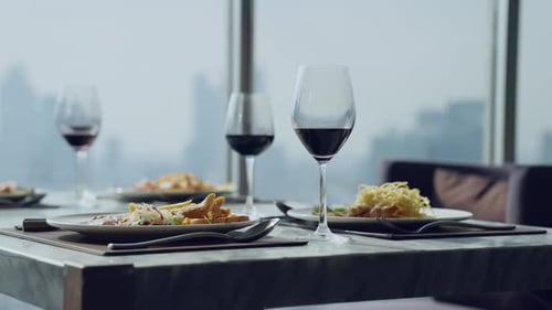 Luxury Food with City Skyline View Luxury Dinner on High Building