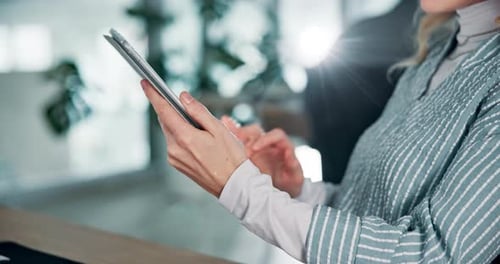 Tablet, hands and businesswoman in office for research on creative project for magazine agency