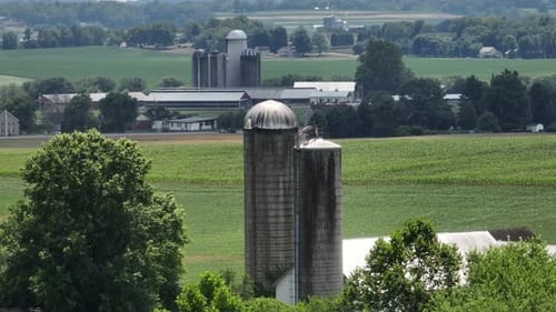 Farm houses with industrial silos and agricultural fields. Cultivation fields in summer season. Aeri