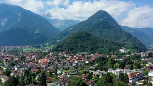 Aerial view over the city of Interlaken in Switzerland. Beautiful view of Interlaken town, Eiger, Mo