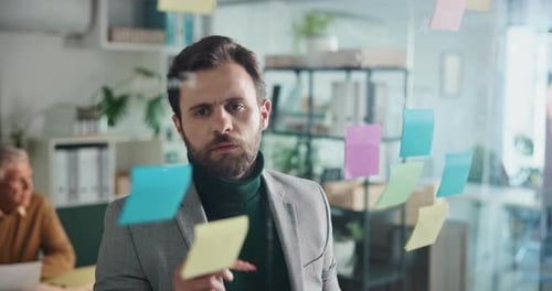 Sticky notes, planning and business man in office for task agenda, project ideas and schedule