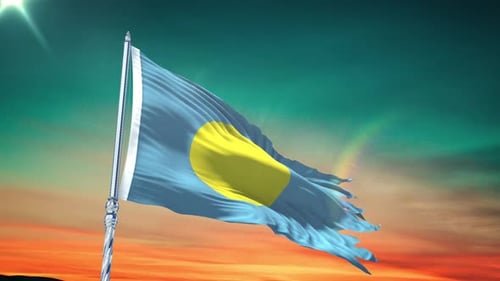 Realistic Waving Palau National Flag Against Sunset Sky