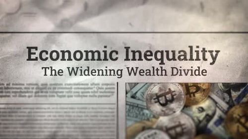 Economic Inequality Newspaper Headline with Cryptocurrency and Wealth Divide