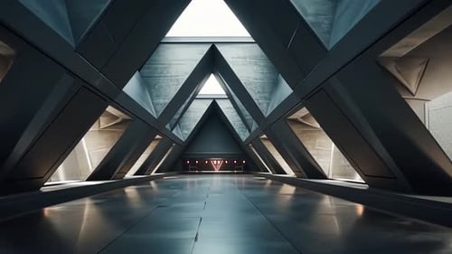 Modern, futuristic architectural corridor with triangular concrete structures