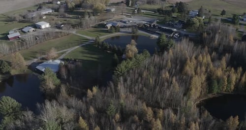 Drone aerial clip of a beautiful acreage property with a large pond and wedding venue in the Ottawa
