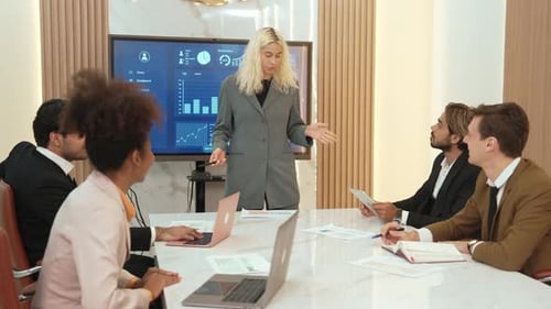 Presentation in office or ornament meeting room with analyst team