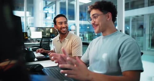 Night, team and programmer at computer with fist bump, work achievement