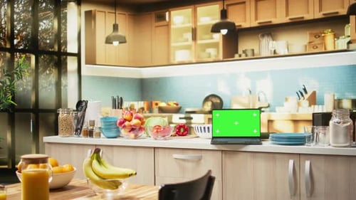 Chroma Key Display in Kitchen Interior with Minimalist Style Furniture